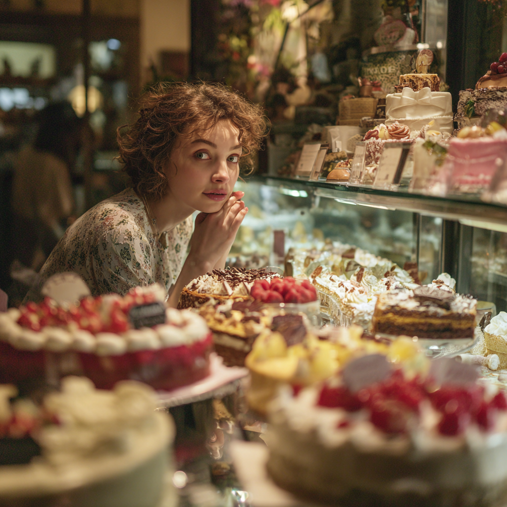 kobieta w cukierni wybiera ciasto